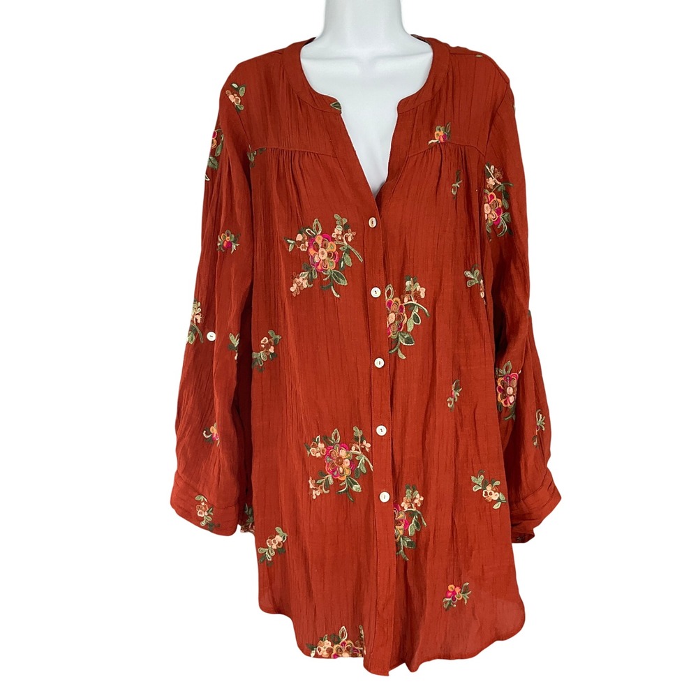 Fig and Flower Embroidered Floral Tunic Top Button Up Rust Orange 2X Bohemian